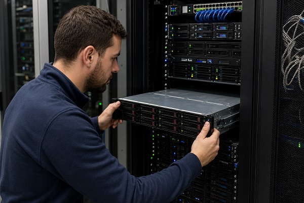 Tecnico durante un intervento di riparazione server a Messina